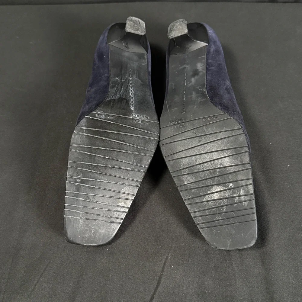 Vintage 90s Stuart Weitzman Navy Suede Square Toe Kitten Heel Loafer Pumps 8.5